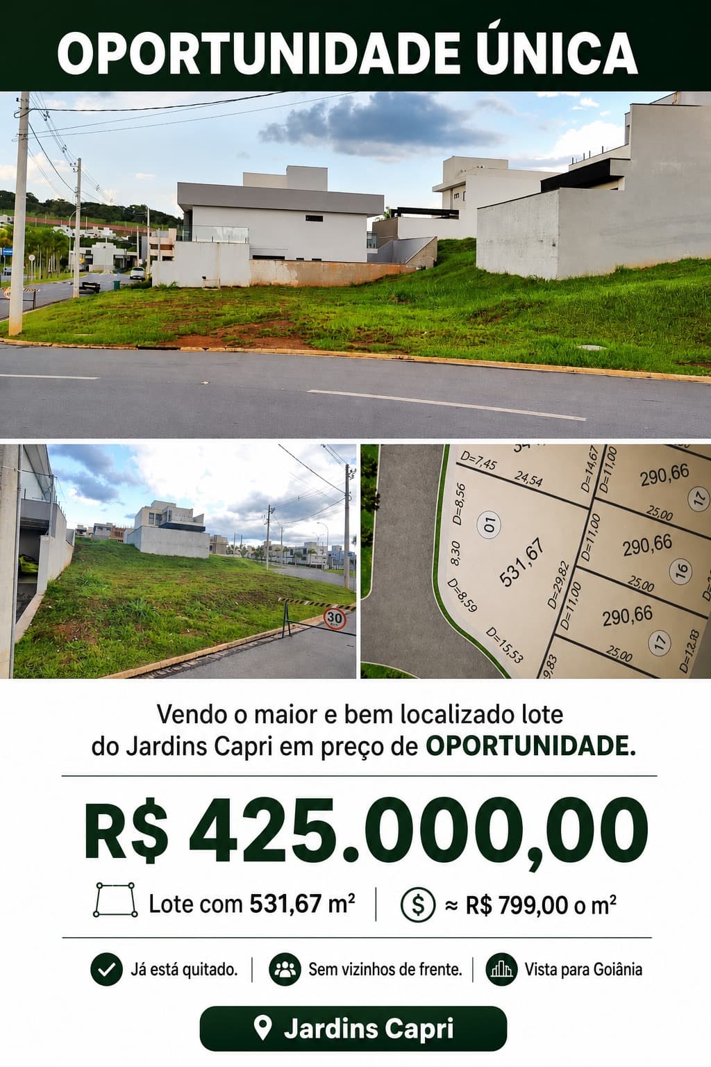Lote grande no Jardins Capri 531,67m2